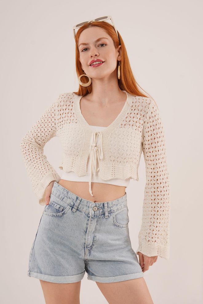 Lustrin Cardigan Color Crema All'ingrosso Traforato Pre annodato Abbigliamento all'ingrosso Casuale