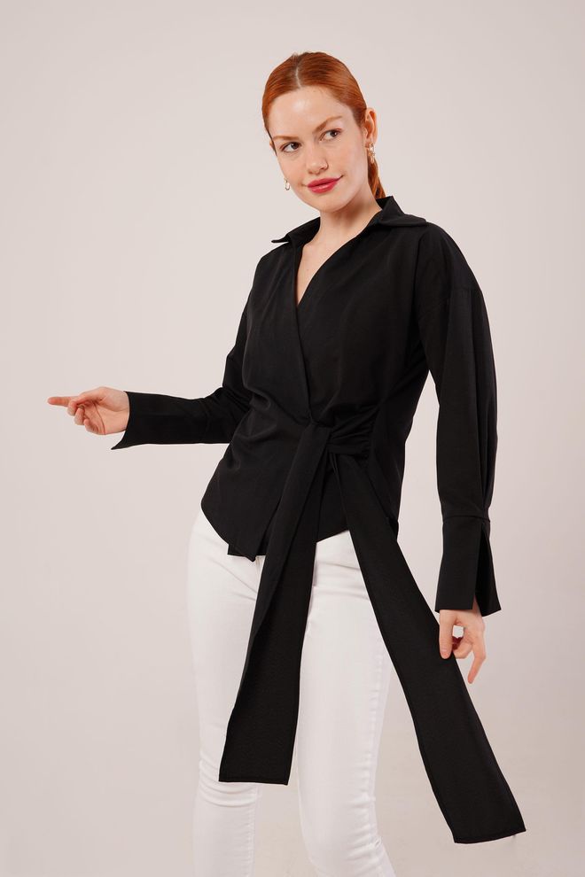 Lustrin Camisa Negra Al Por Mayor Detallada Con Cordón Lateral Con Cuello De Doble Botonadura Ropa al por mayor Formal