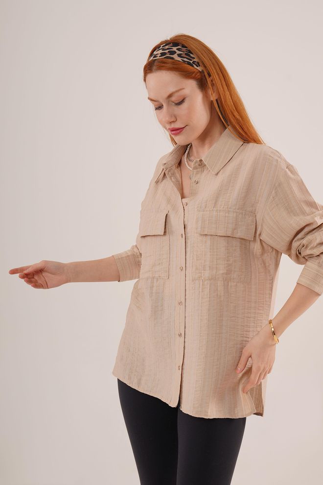 Lustrin Camisa Beige Al Por Mayor Con Bolsillos Y Botones A Rayas Ropa al por mayor Casual
