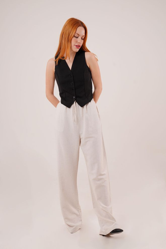 Lustrin Drawstring Detailed Linen Wholesale Ecru Pants With Pockets Wholesale Clothing Spring