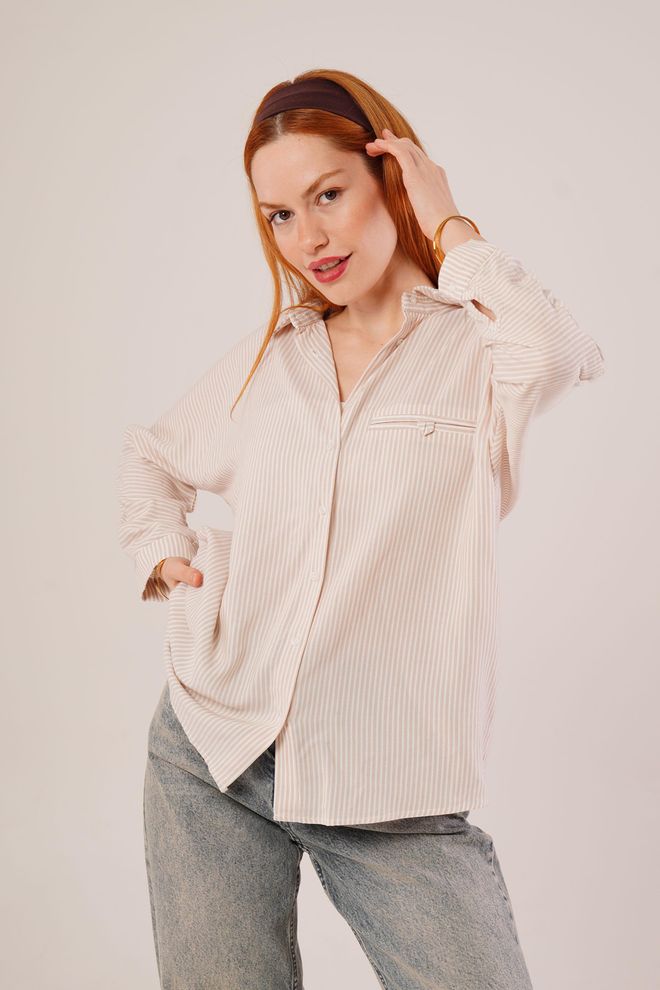 Lustrin Cep Detay Çizgili Oversize Toptan Krem Gömlek Toptan Giyim Gündelik