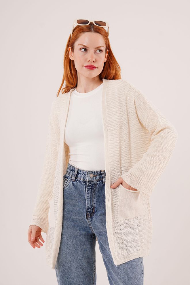 Lustrin Loose Pattern Knitwear Long Wholesale Cream Cardigan With Pockets Wholesale Clothing Casual