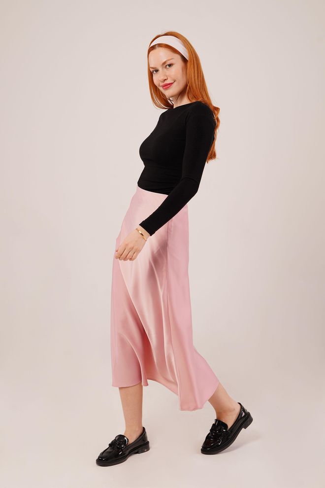 Lustrin Gonna In Raso Midi Rosa All'ingrosso Con Taglio A Campana Abbigliamento all'ingrosso Elegante