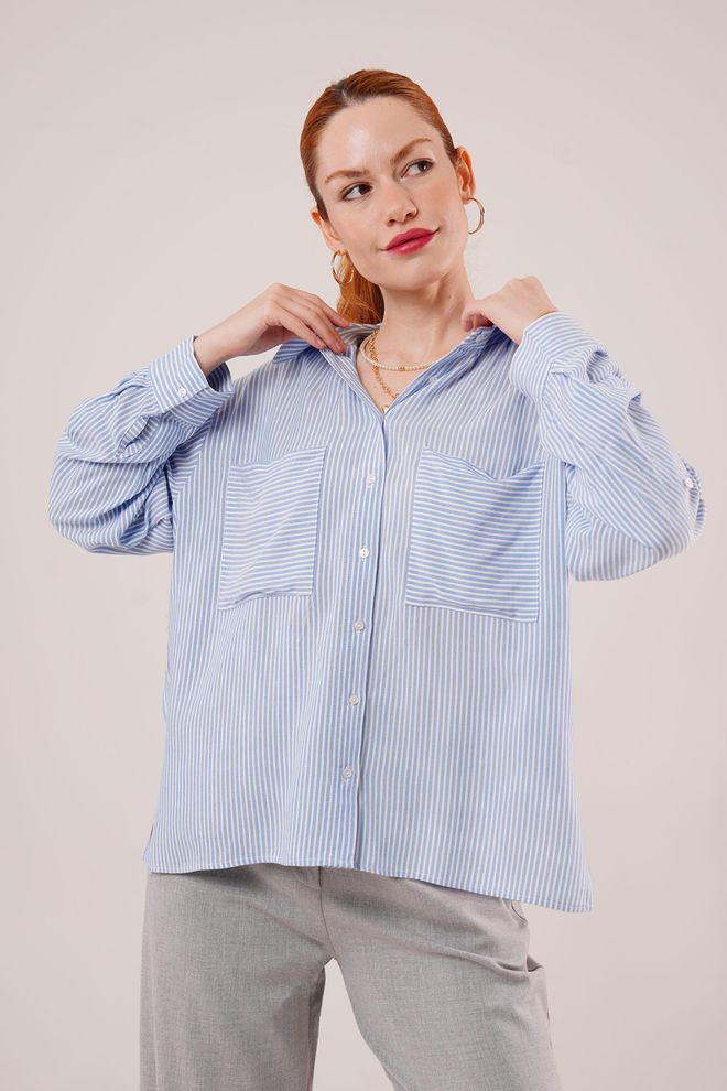 Lustrin Camisa Azul Al Por Mayor Detallada Con Bolsillo A Rayas Con Manga De Murciélago Ropa al por mayor Casual