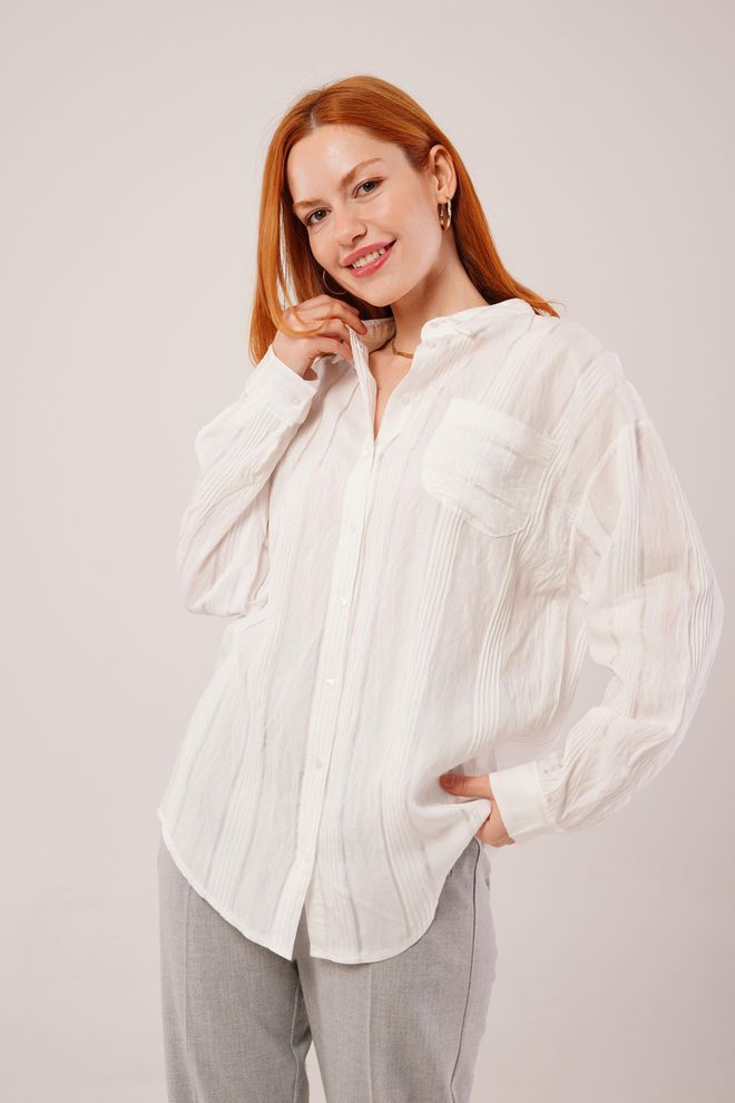 Lustrin Camisa Blanca Al Por Mayor Detallada Con Bolsillo A Rayas Con Cuello Juez Ropa al por mayor Casual