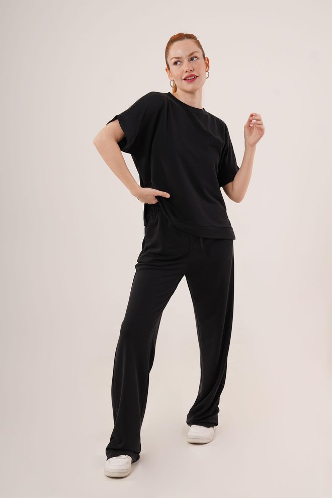 Lustrin Chándal Modal De Manga Corta Y Pierna Ancha Doble Traje Negro Al Por Mayor Ropa al por mayor Casual