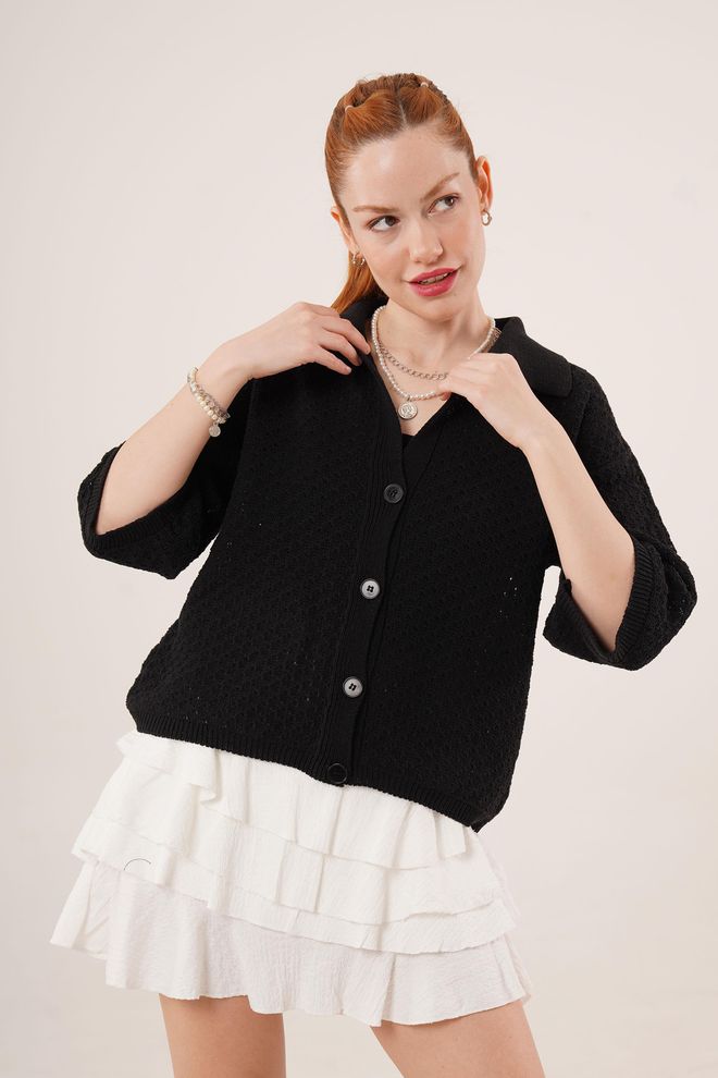 Lustrin Buttoned Half Sleeve Low Shoulder Wholesale Black Cardigan Wholesale Clothing Casual