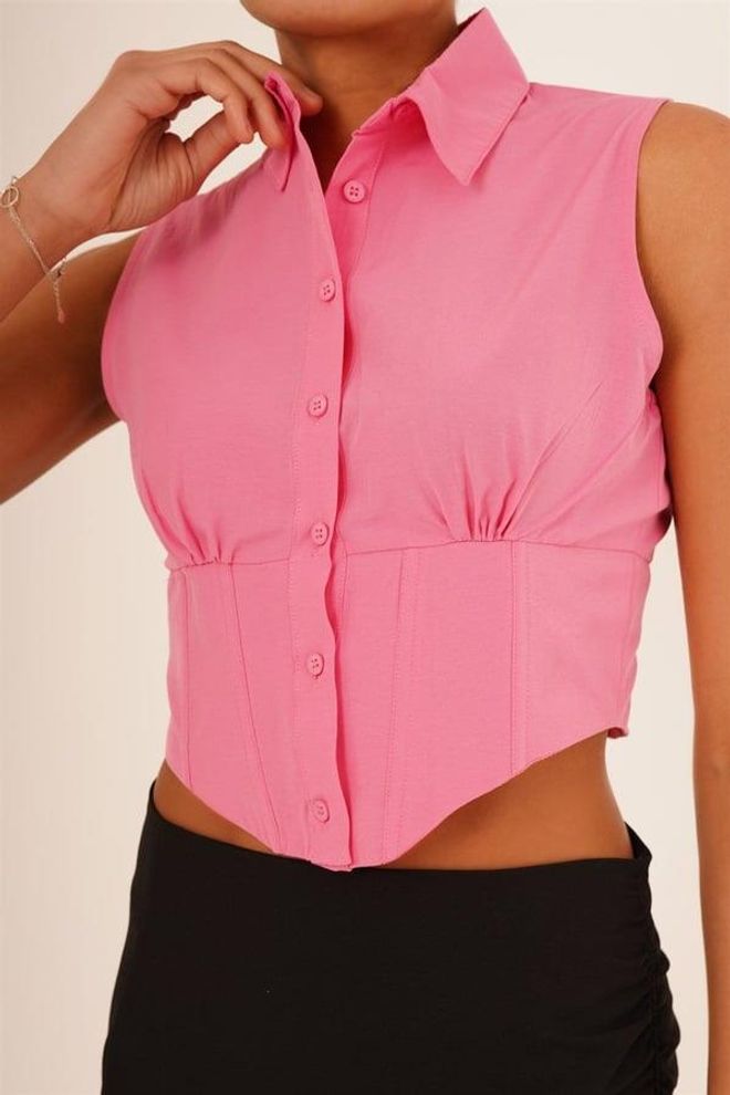Lustrin Korse Detay Kısa Kollu Toptan Pembe Gömlek Toptan Giyim Gündelik