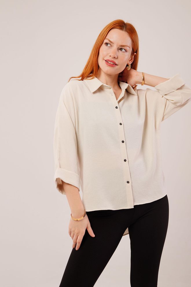Lustrin Gedetailleerd Stenen Overhemd Met Opklapbare Mouwen Groothandel Kleding Casual