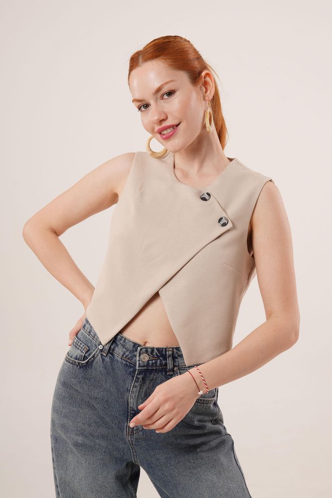 Lustrin Gilet En Gros Beige À Double Bouton À Motif Croisé Vêtements en gros Viscose