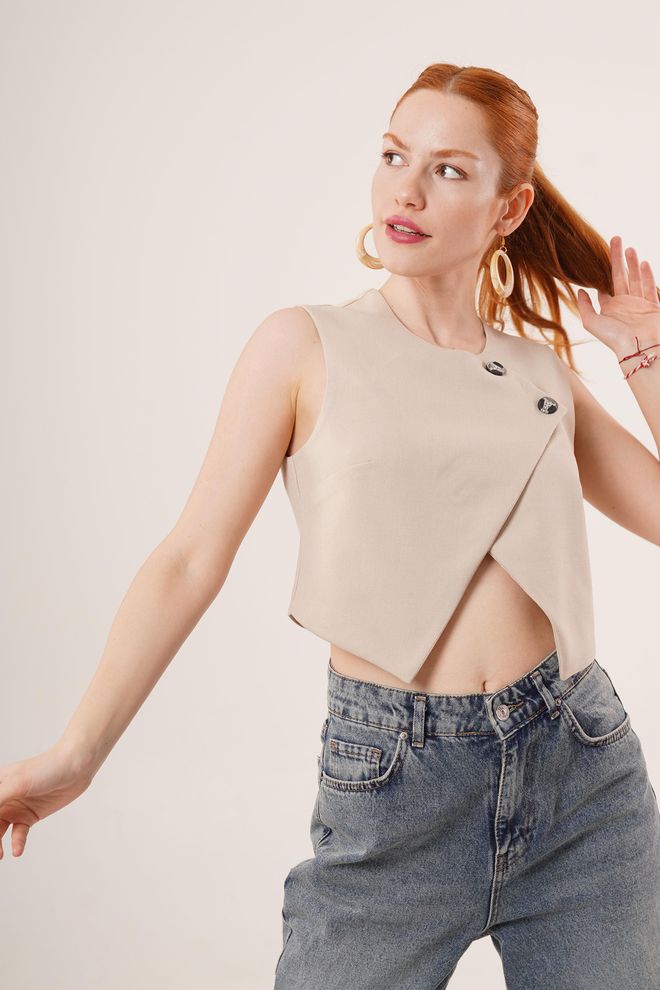 Lustrin Gilet En Gros Beige À Double Bouton À Motif Croisé Vêtements en gros 5