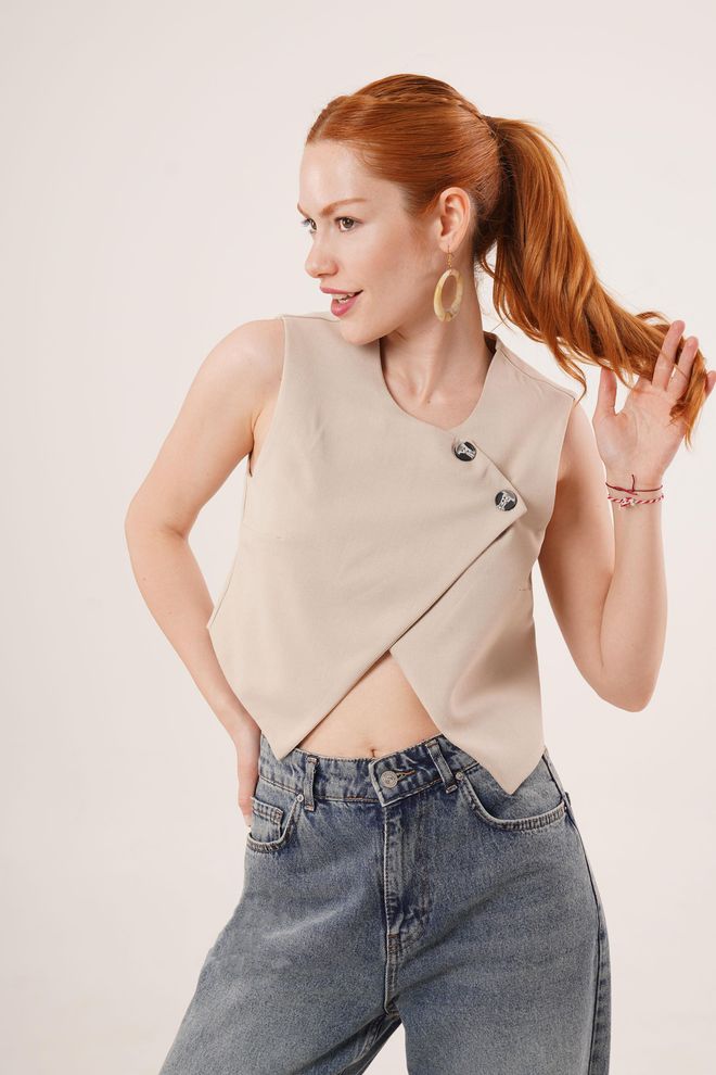 Lustrin Gilet En Gros Beige À Double Bouton À Motif Croisé Vêtements en gros 4