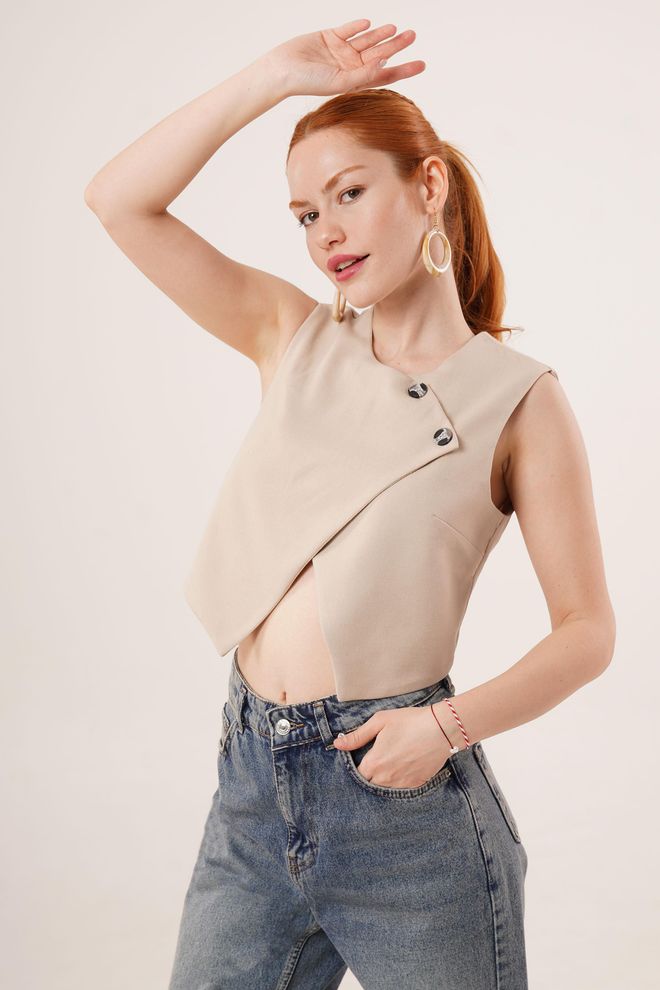 Lustrin Gilet En Gros Beige À Double Bouton À Motif Croisé Vêtements en gros Printemps