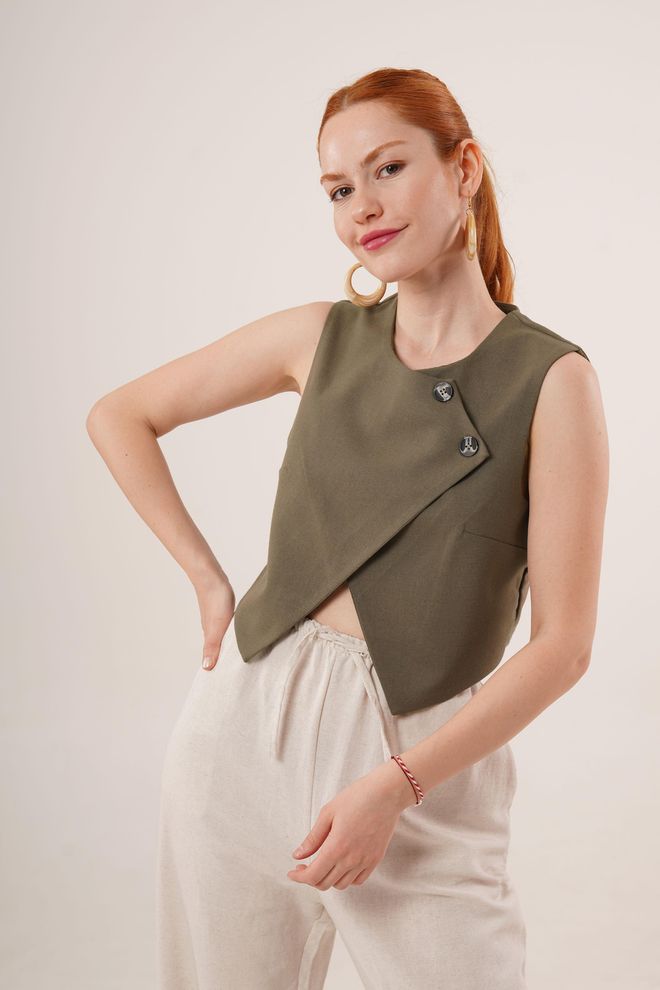 Lustrin Double Button Cross Pattern Khaki Wholesale Vest Wholesale Clothing Birthday