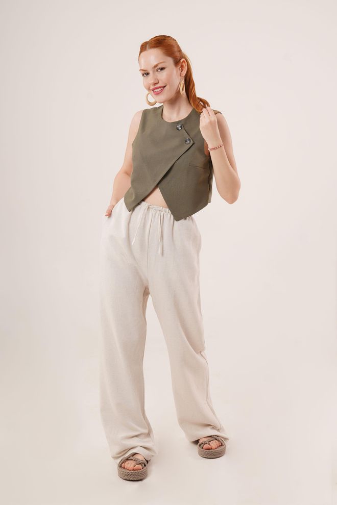 Lustrin Double Button Cross Pattern Khaki Wholesale Vest Wholesale Clothing Viscose