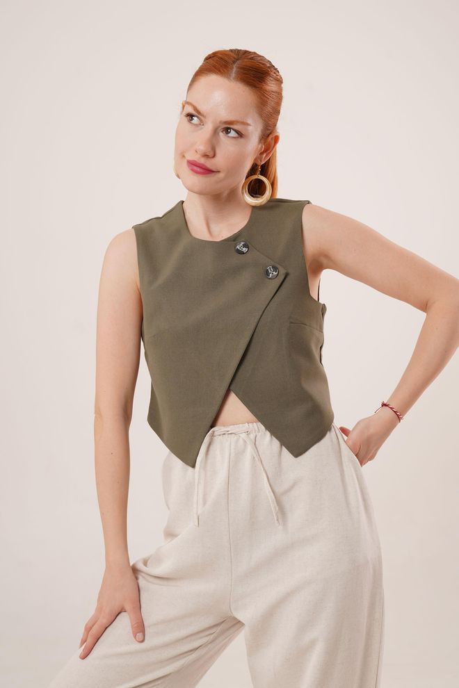 Lustrin Double Button Cross Pattern Khaki Wholesale Vest Wholesale Clothing 4