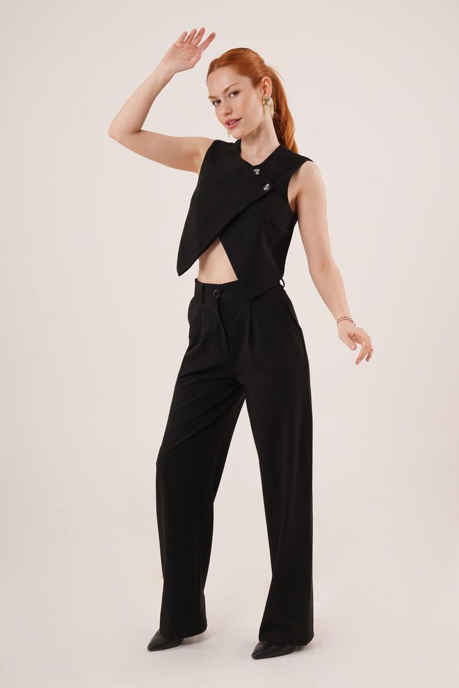 Lustrin Double Button Cross Pattern Black Wholesale Vest Wholesale Clothing Spring