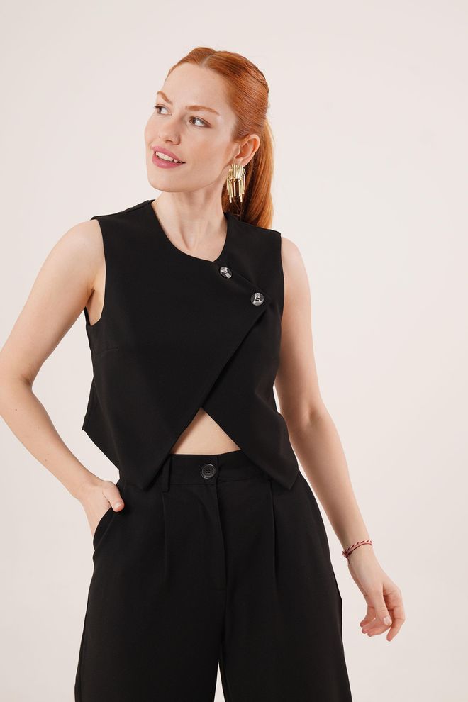 Lustrin Double Button Cross Pattern Black Wholesale Vest Wholesale Clothing Birthday