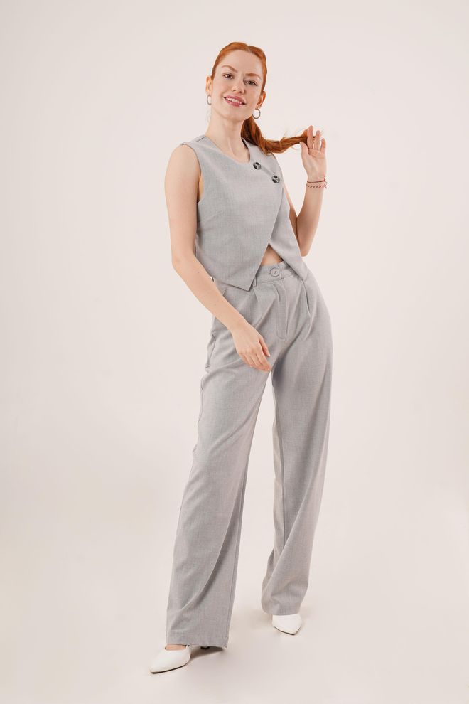 Lustrin Double Button Cross Pattern Grey Wholesale Vest Wholesale Clothing Viscose