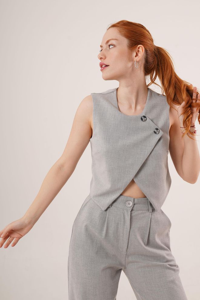 Lustrin Double Button Cross Pattern Grey Wholesale Vest Wholesale Clothing Birthday