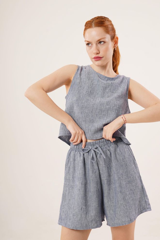 Lustrin Arkası Düğme Detaylı Bluz Ve Cepli Şort İkili Toptan İndigo Takım Toptan Giyim Gündelik