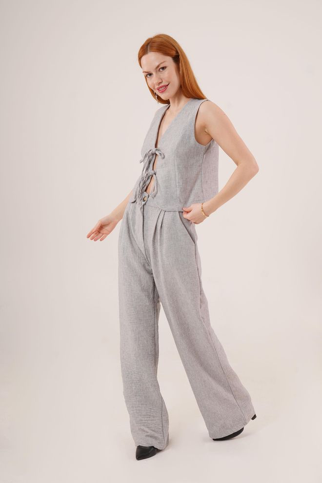 Lustrin Chaleco Y Pantalones Detallados Con Cordón Frontal Traje Gris De Dos Piezas Al Por Mayor Ropa al por mayor Casual