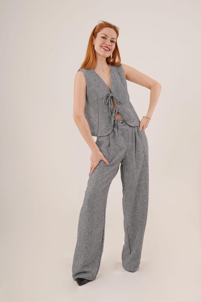 Lustrin Chaleco Y Pantalones Detallados Con Cordón Frontal Traje De Dos Piezas Al Por Mayor De Antracita Ropa al por mayor Casual