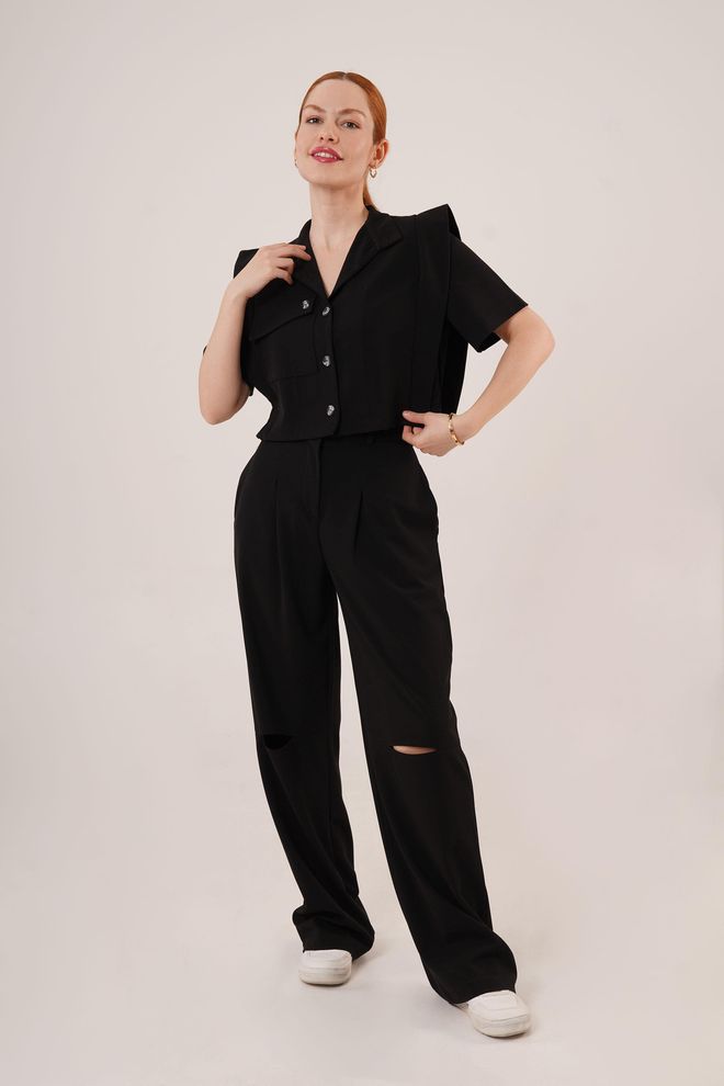 Lustrin Blusa Abotonada Con Bolsillo Y Pantalones Detallados En La Rodilla Traje Negro Al Por Mayor De Dos Piezas Ropa al por mayor Casual