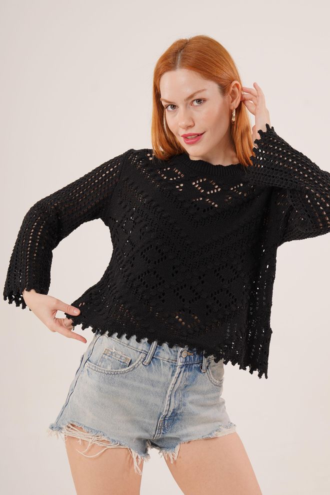 Lustrin Saisonaler Schwarzer Pullover Mit Perforiertem Muster Für Den Großhandel Großhandelskleidung Lässig