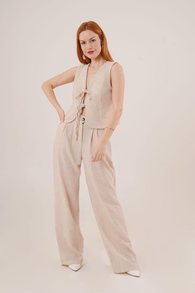 Lustrin Chaleco Y Pantalones Detallados Con Cordón En La Parte Delantera Traje De Dos Piezas Al Por Mayor Ropa al por mayor Casual