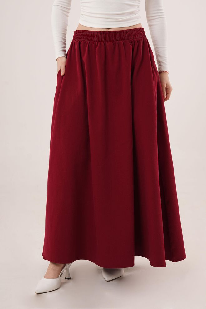 Lustrin Gonna Lunga Bordeaux All'ingrosso Dettagliata Con Tasca Elastica In Vita Abbigliamento all'ingrosso Casuale