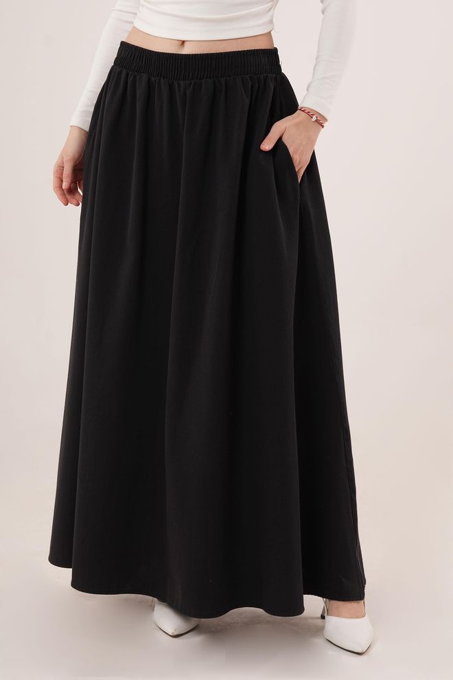 Lustrin Gonna Lunga Nera All'ingrosso Dettagliata Con Tasca Elastica In Vita Abbigliamento all'ingrosso Casuale