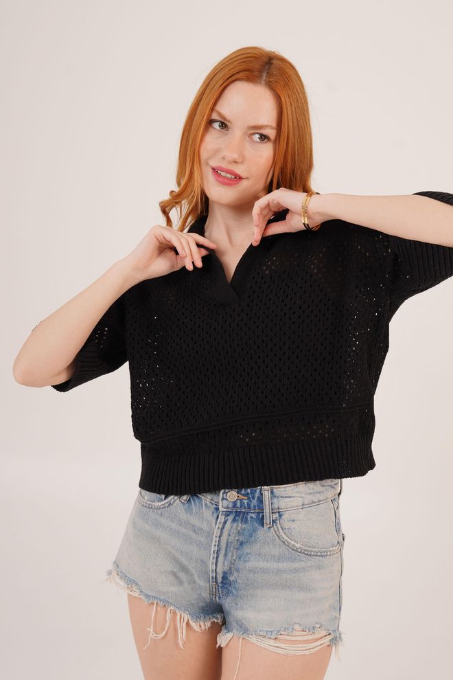 Lustrin Blouse Noire Ajourée À Col Polo En Gros Vêtements en gros Décontracté