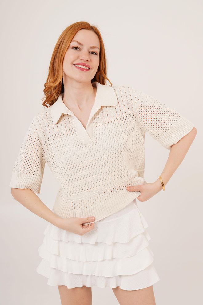 Lustrin Blouse En Gros Écru Ajourée À Col Polo Vêtements en gros Décontracté