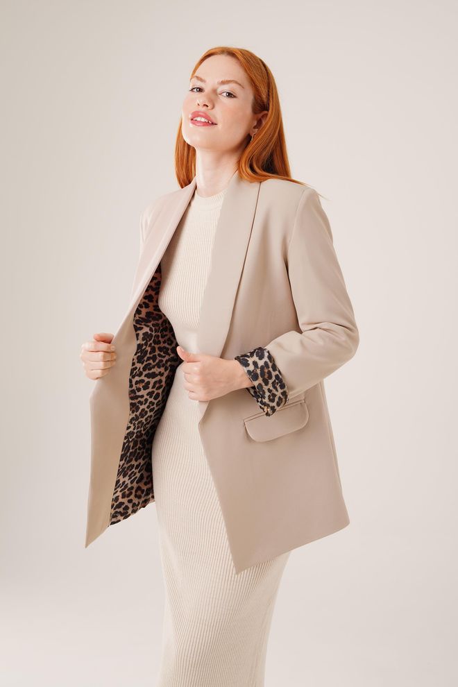 Lustrin Giacca Blazer In Pietra All'ingrosso Con Dettagli Leopardati Abbigliamento all'ingrosso Formale