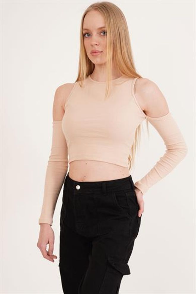 Lustrin Omuz Detaylı Bisiklet Yaka Toptan Bluz Taş Toptan Giyim Gündelik