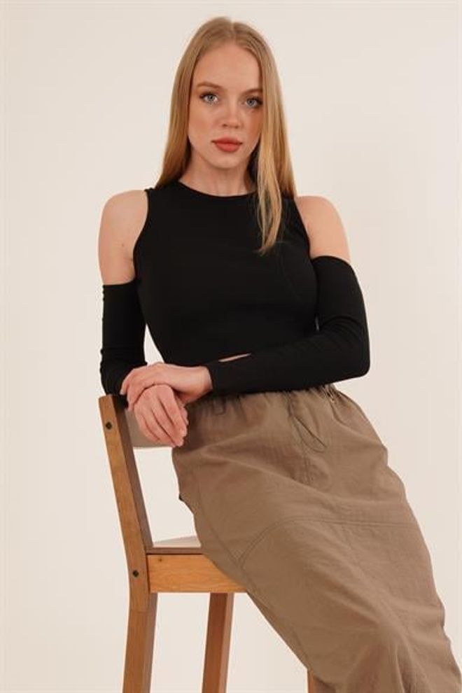 Lustrin Blouse En Gros À Col Rond Et À Épaules Détaillées Noir Vêtements en gros Décontracté
