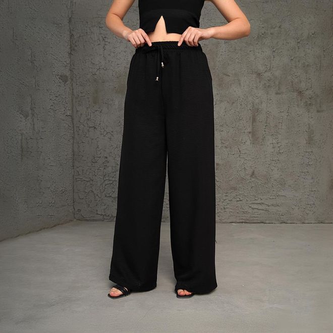 Lustrin جيوب الخصر المرنة ربطة الخصر الساق الفضفاضة السراويل السوداء بالجملة ملابس بالجملة غير رسمي