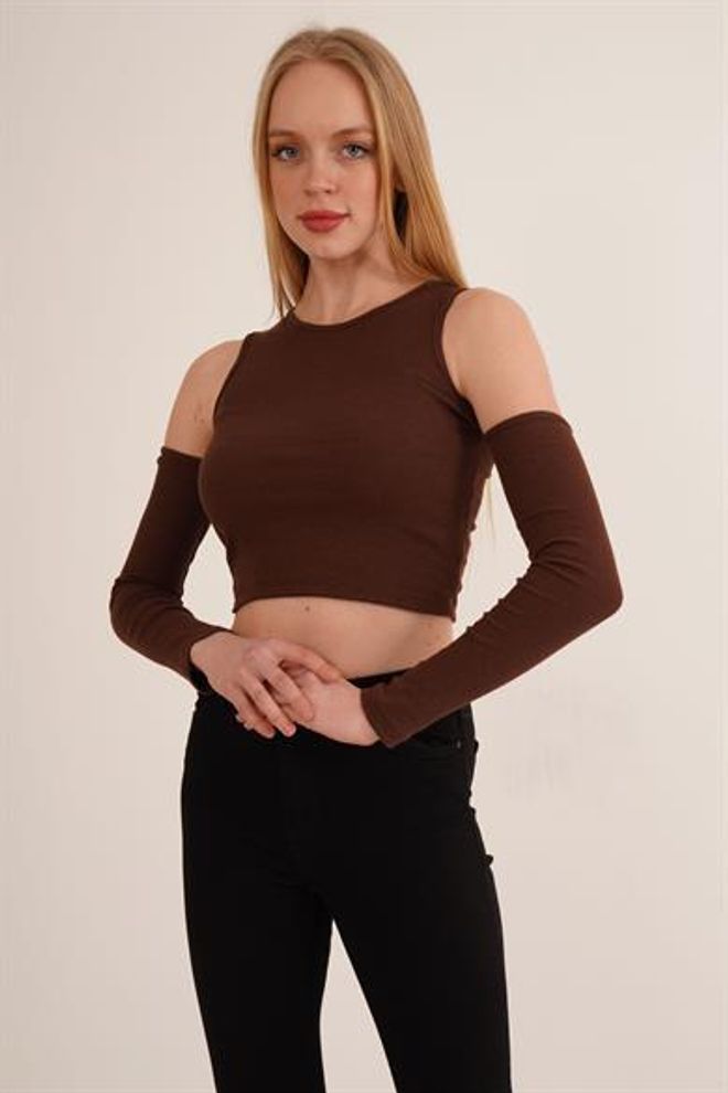 Lustrin Omuz Detaylı Bisiklet Yaka Toptan Bluz Kahverengi Toptan Giyim Gündelik