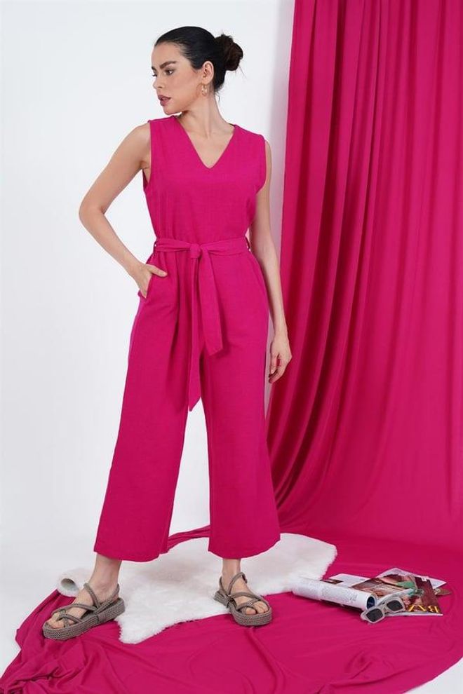Lustrin Mono Fucsia Al Por Mayor Con Cinturón Con Cremallera Trasera Ropa al por mayor Casual