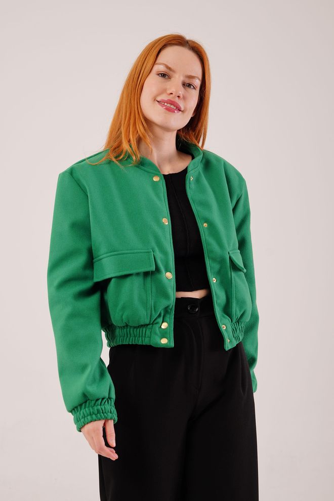 Lustrin Giacca Bomber Verde All'ingrosso In Cashmere Con Bottoni Dorati Abbigliamento all'ingrosso Casuale