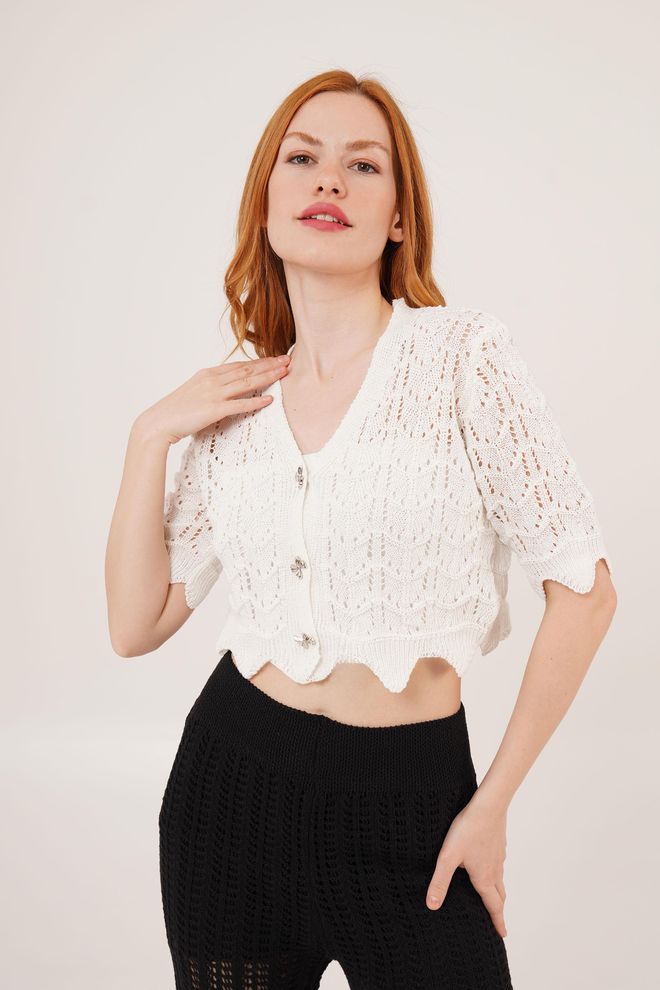 Lustrin Cardigan Bianco All'ingrosso A Maniche Corte Traforato Con Bottoni A Fiocco Abbigliamento all'ingrosso Casuale