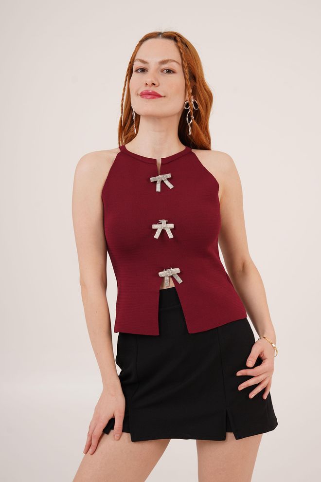 Lustrin Καρφίτσα Stone Bow Λεπτομερής Μηδενική Μανίκι Χονδρική Μπορντό Χονδρικό εμπόριο ενδυμάτων Κομψό