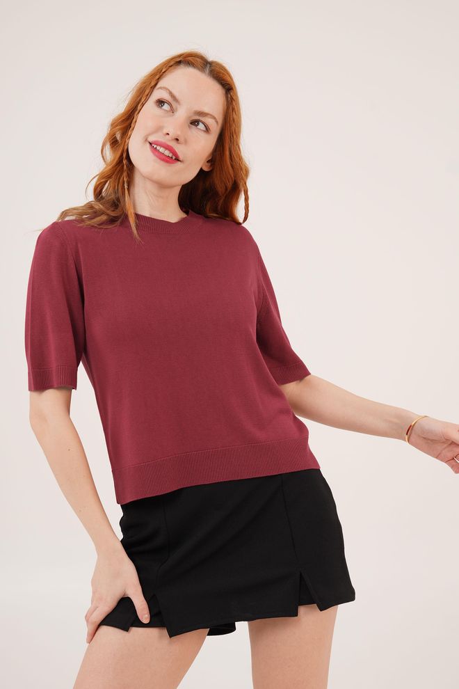 Lustrin Μισαμάνικη Πλεκτή Μπλούζα Lycra Με Στρογγυλή Λαιμόκοψη Χονδρ Χονδρικό εμπόριο ενδυμάτων Casual