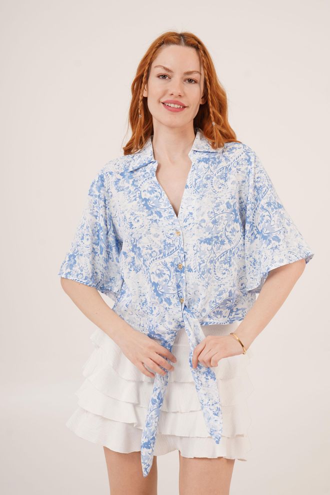 Lustrin Ön Bağlamalı Desenli Mavi Toptan Gömlek Toptan Giyim Gündelik