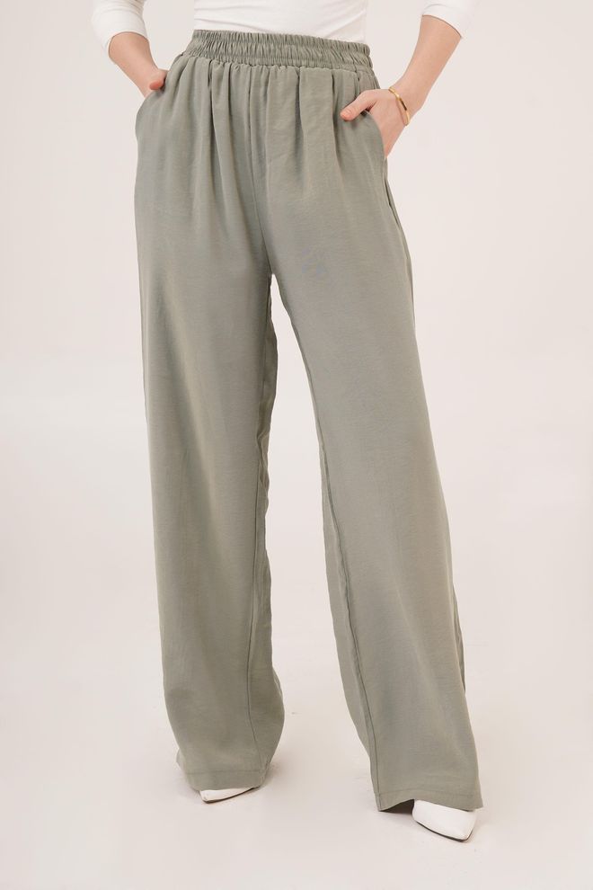 Lustrin Kaki Groothandelsbroek Met Elastische Taille En Dubbele Zakken Groothandel Kleding Casual
