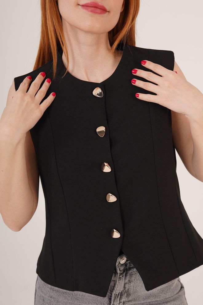 Lustrin Colete Preto Por Atacado Detalhado Com Botões Brilhantes Roupas por atacado Elegante