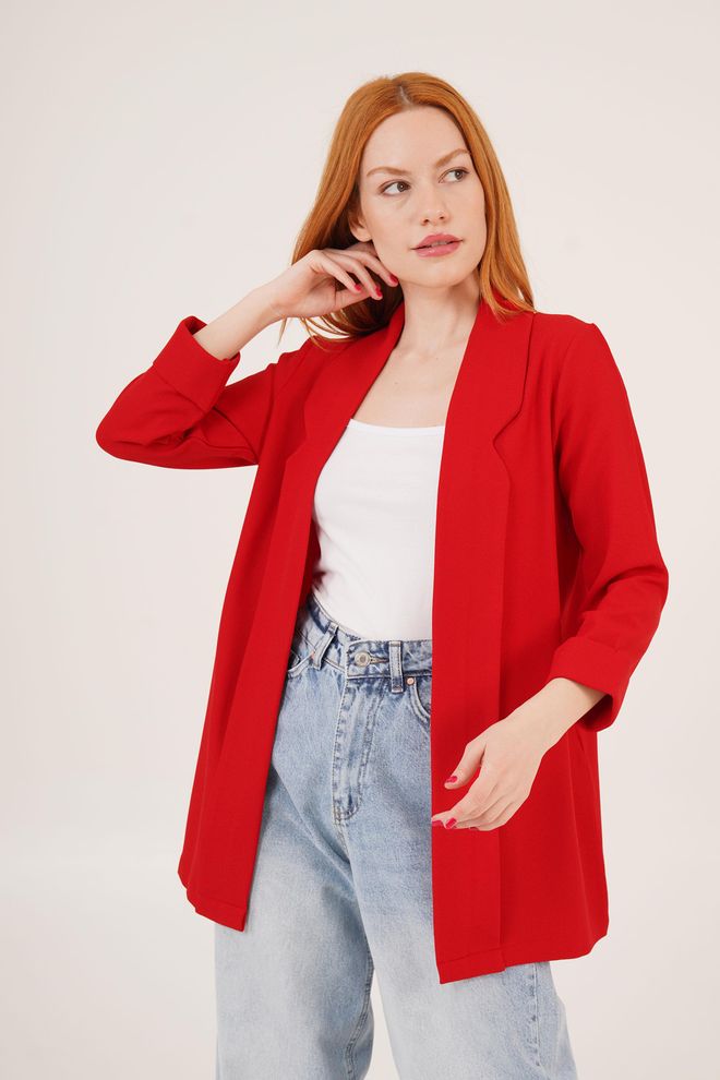 Lustrin Veste Blazer D'été Rouge En Gros À Manches Pliantes Et Coutures Détaillées Vêtements en gros Décontracté