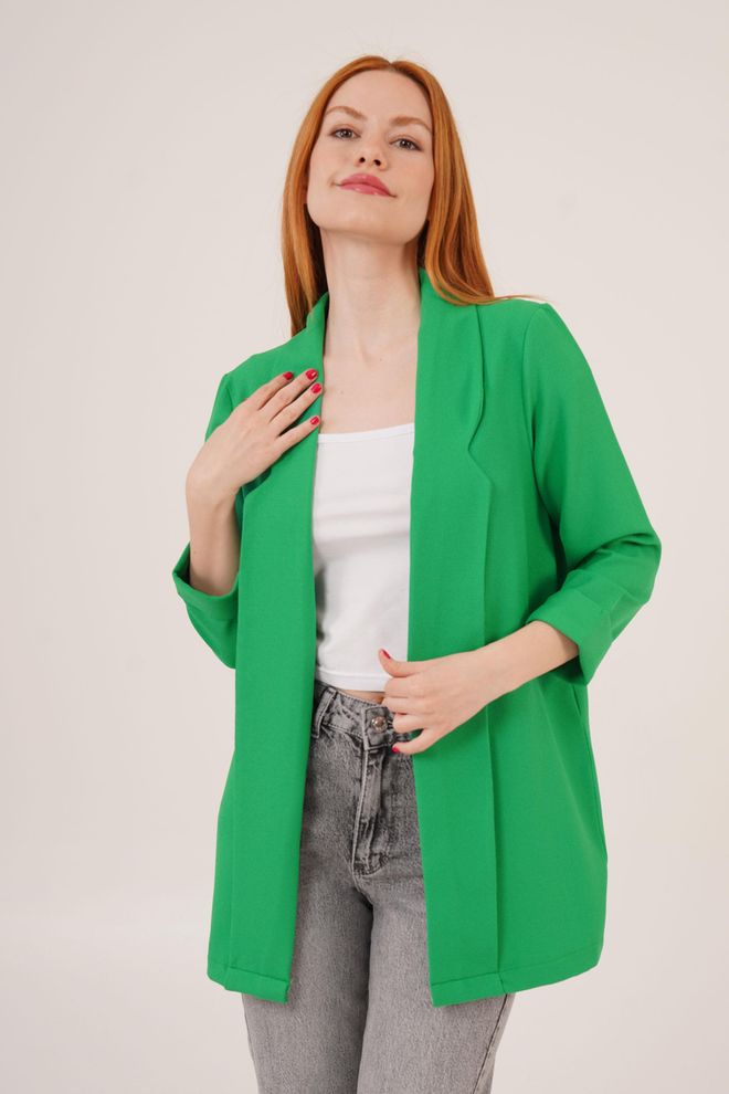 Lustrin Giacca Blazer Estiva Con Dettagli Con Cuciture Pieghevoli E Maniche Verde Abbigliamento all'ingrosso Casuale