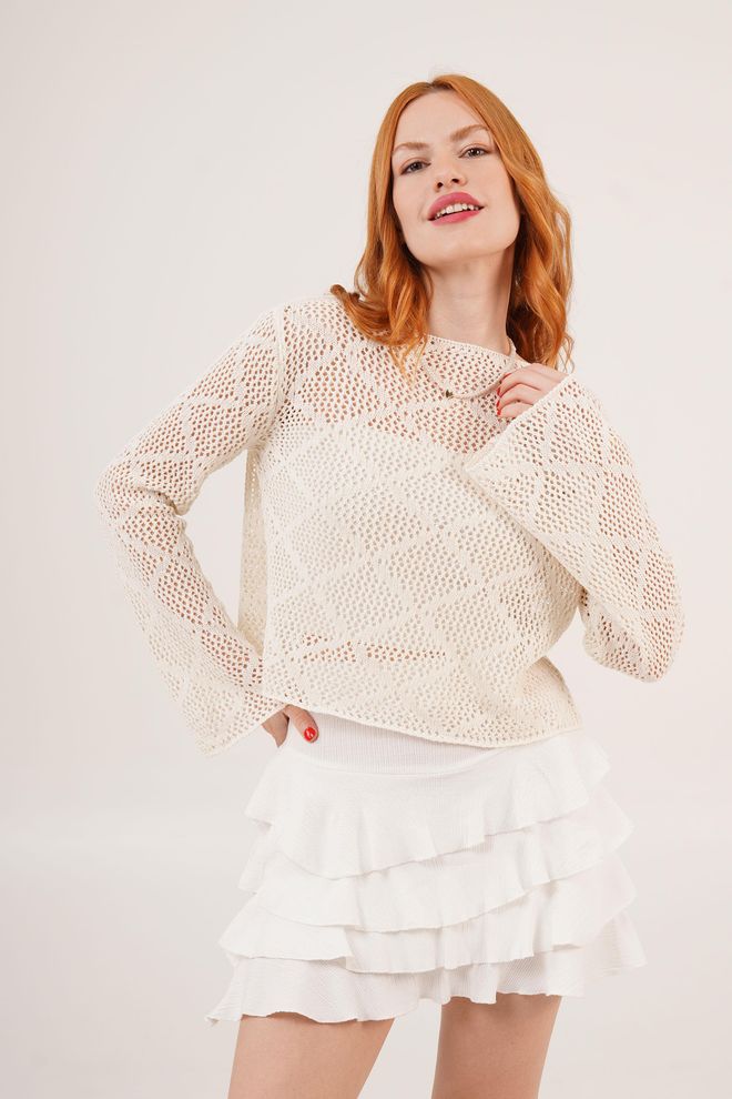 Lustrin Blouse Écrue Ajourée Détaillée À Col Bateau Et Manches Volantées Vêtements en gros Décontracté